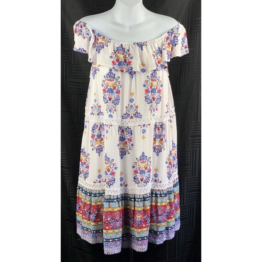 Vintage Off Shoulder Mini Dress M Floral Ruffle Flared Boho Peasant Prairie